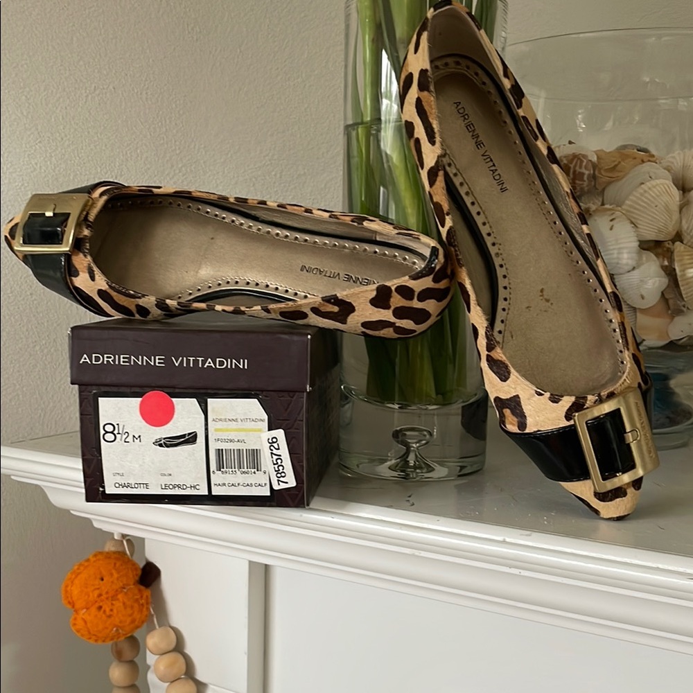Adrienne Vittadini Leopard Print Ballet Flats with Buckle - Tan/Black